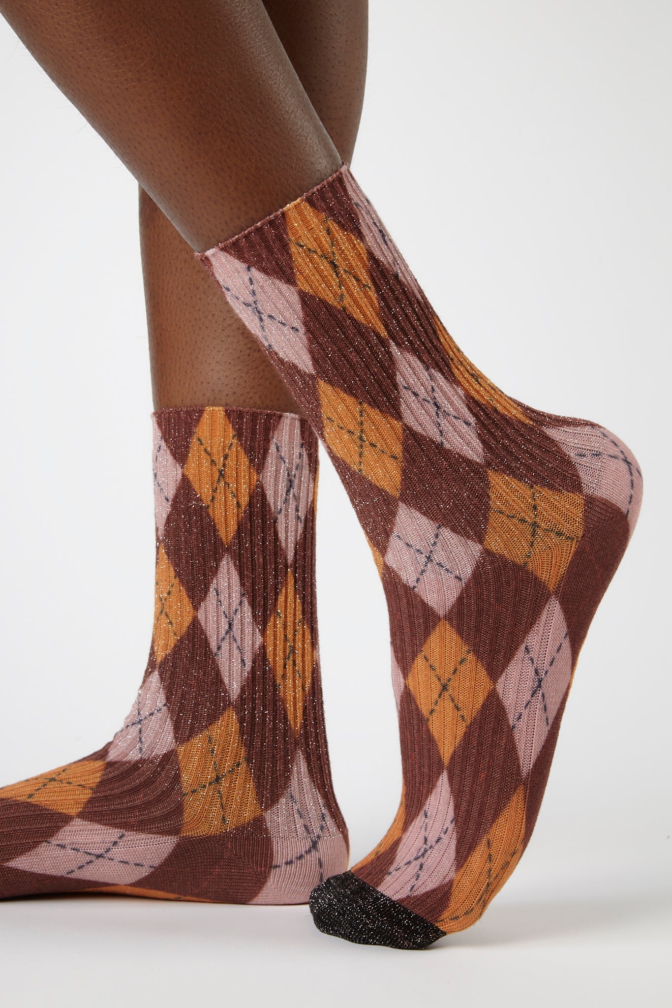Brown and mustard metallic argyle socks_1