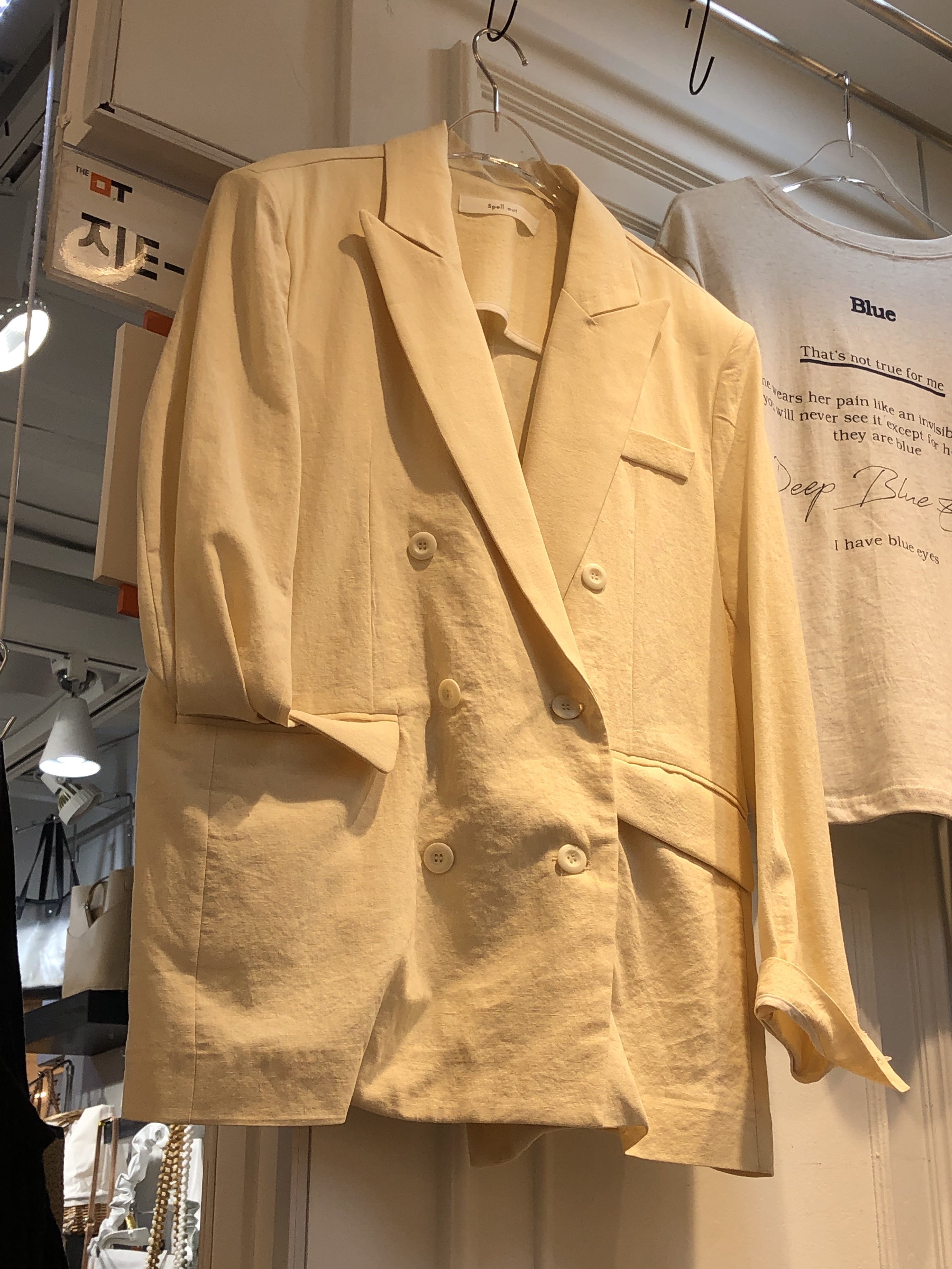 Pale yellow double breasted linen blazer_1