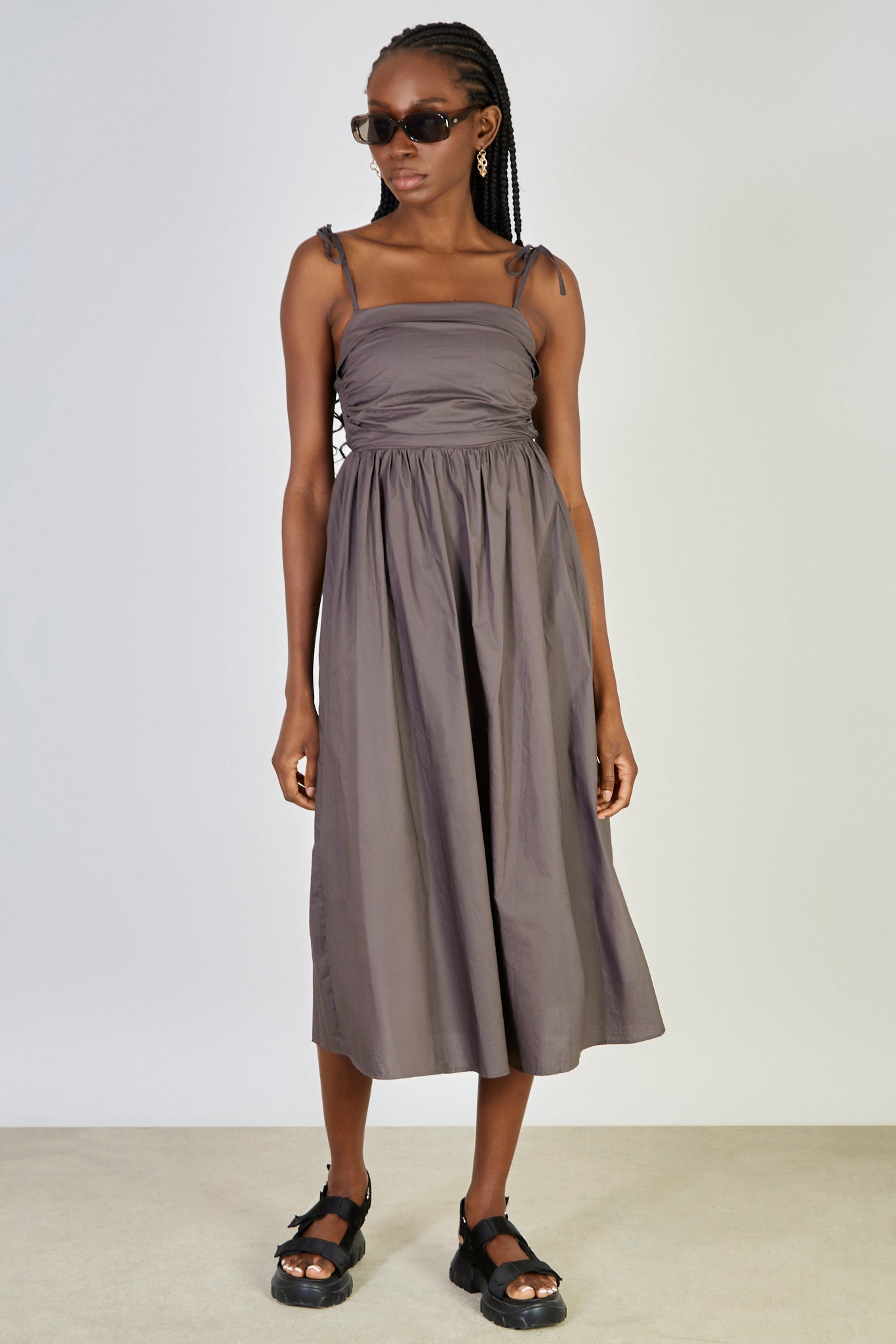 Grey ruched back tie strap dress_1