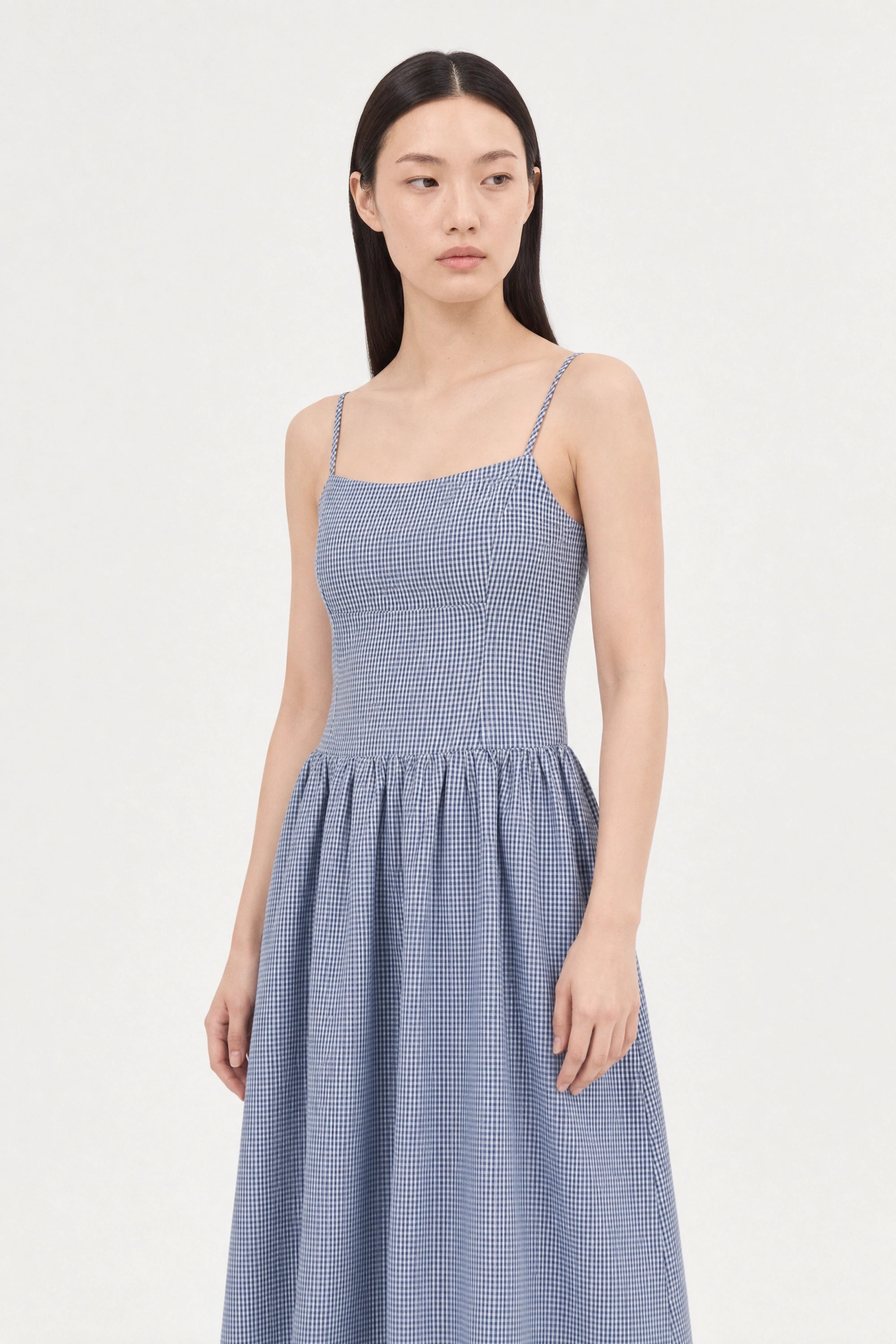 Navy blue gingham ruched back dress_3