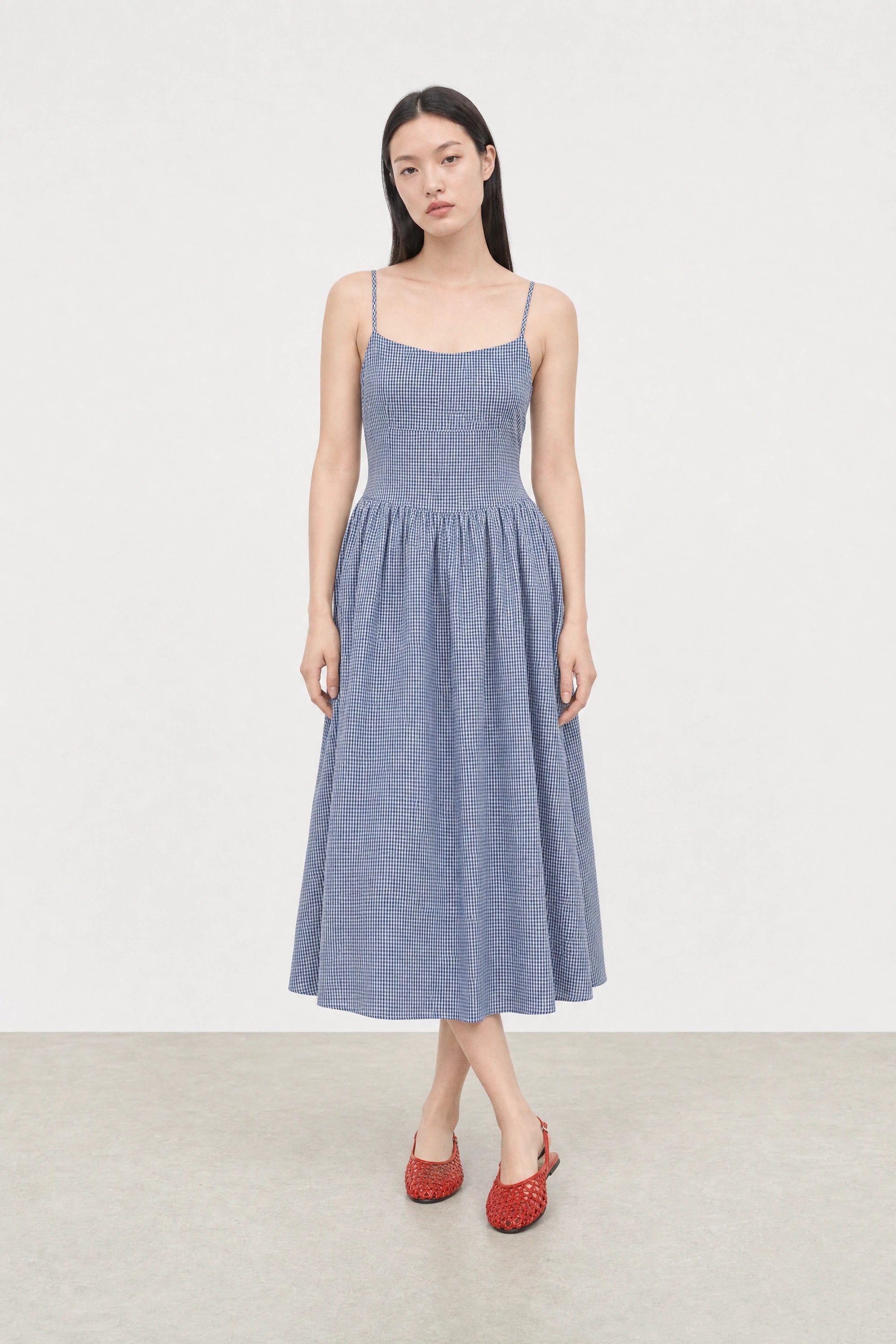 Navy blue gingham ruched back dress_1