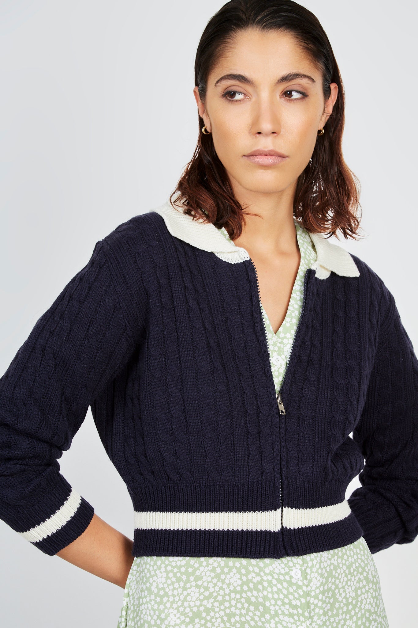 Navy and ivory contrast collar zip cardigan_2