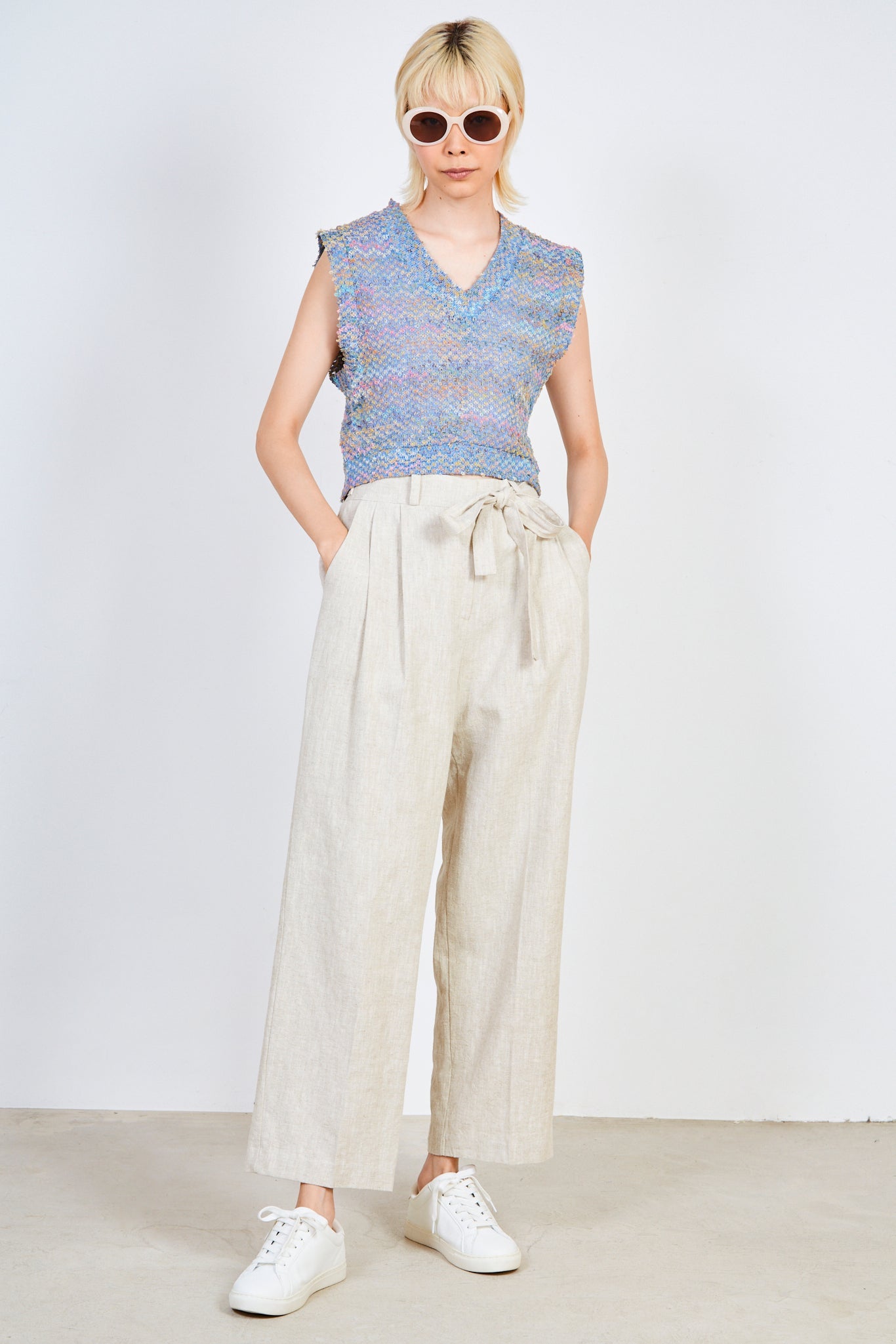 Oatmeal linen tie waist trousers_3