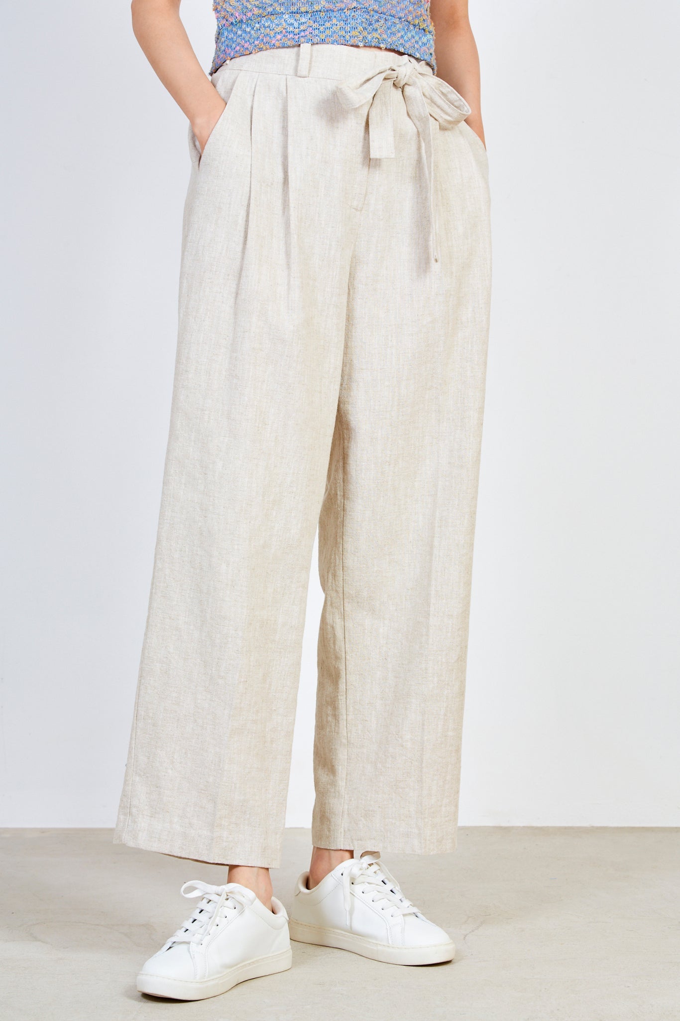 Oatmeal linen tie waist trousers_1