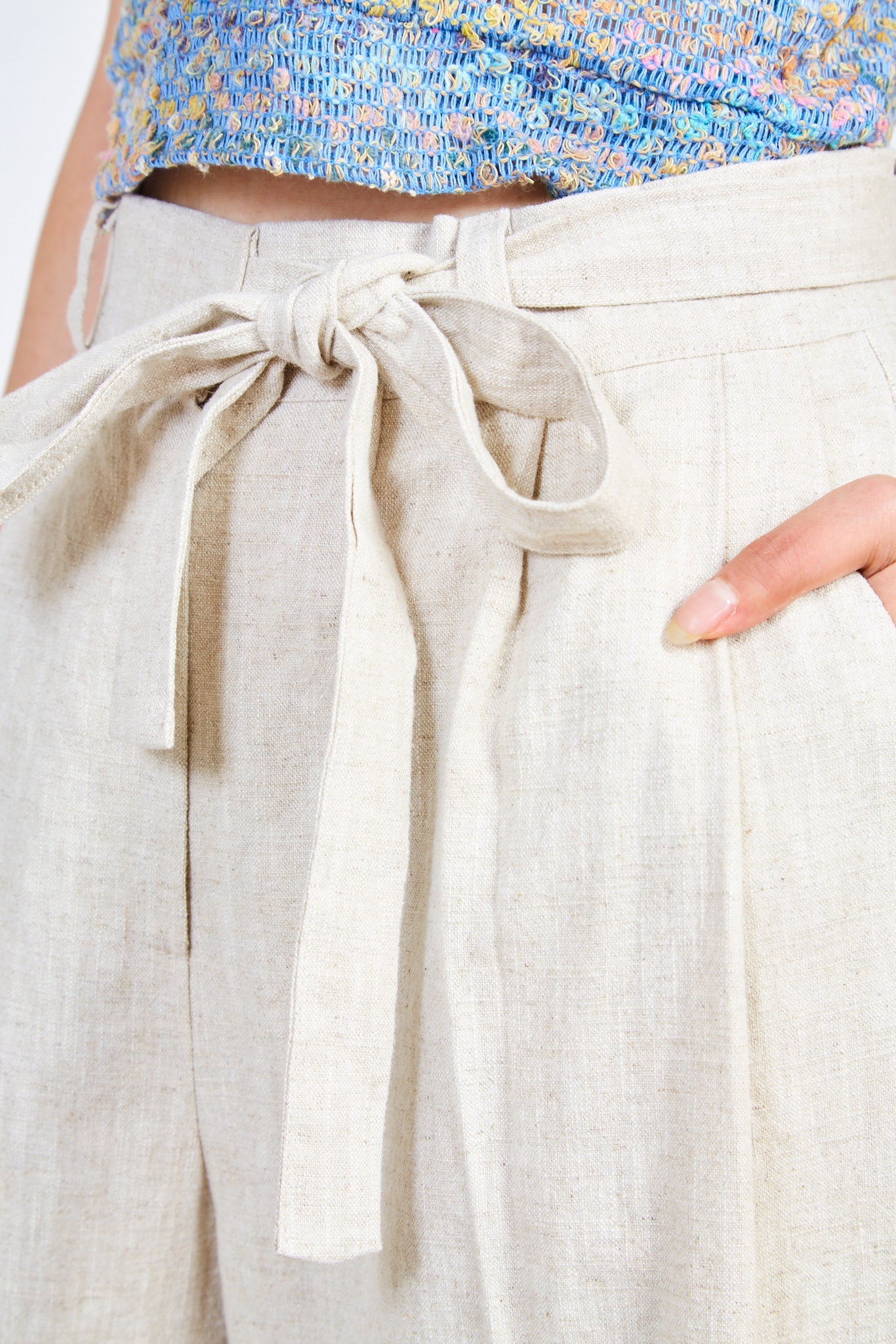 Oatmeal linen tie waist trousers_5