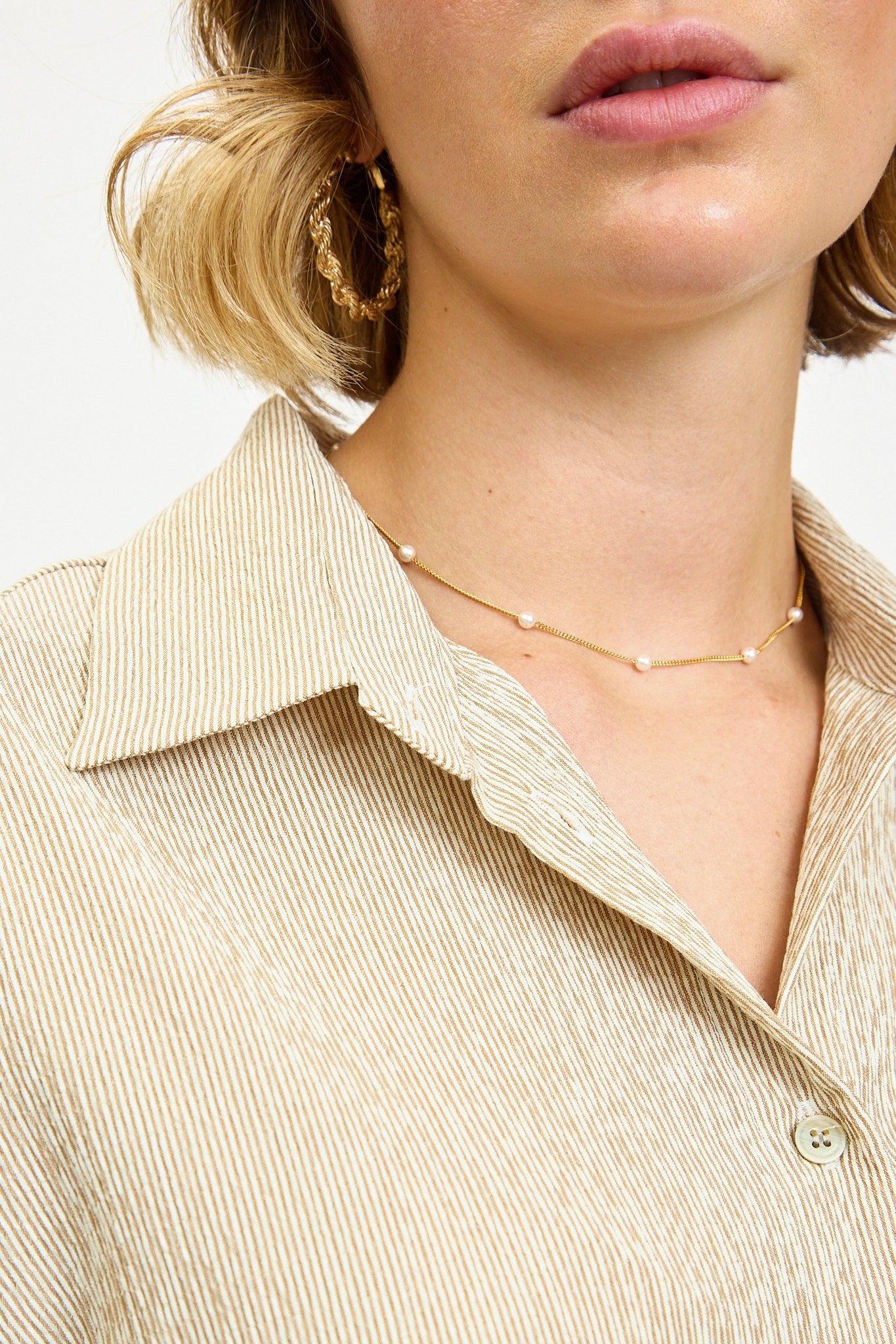 Beige textured stripe button up shirt_3