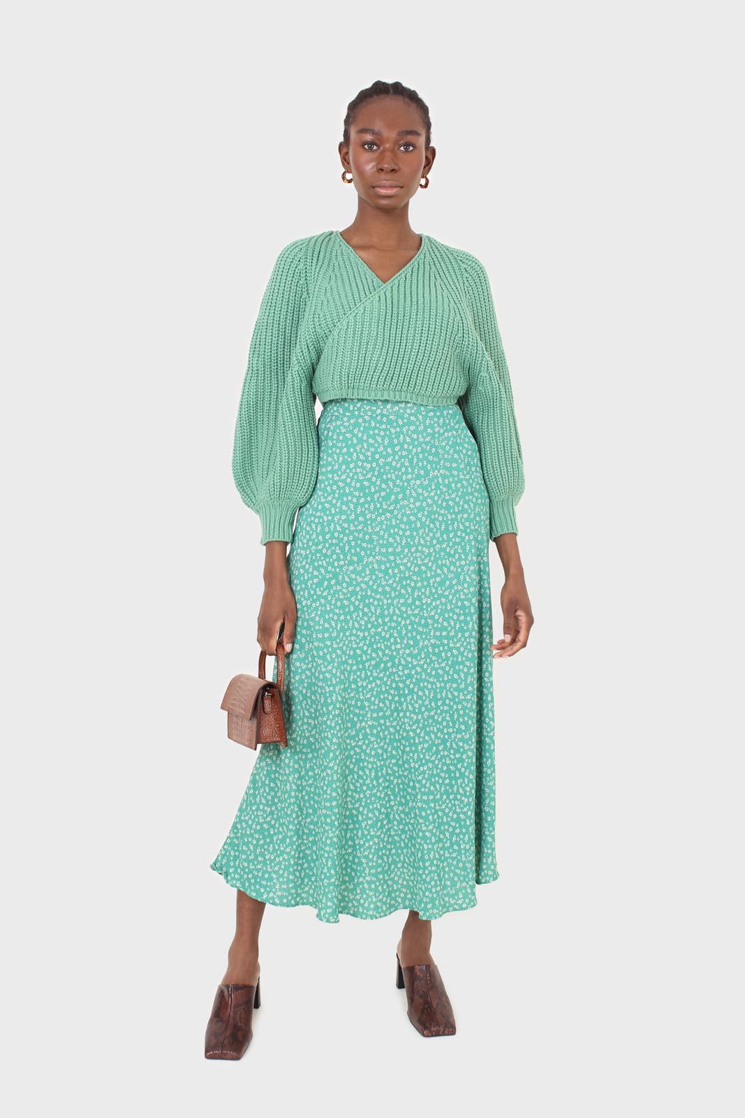 Green tiny floral print midi skirt_1