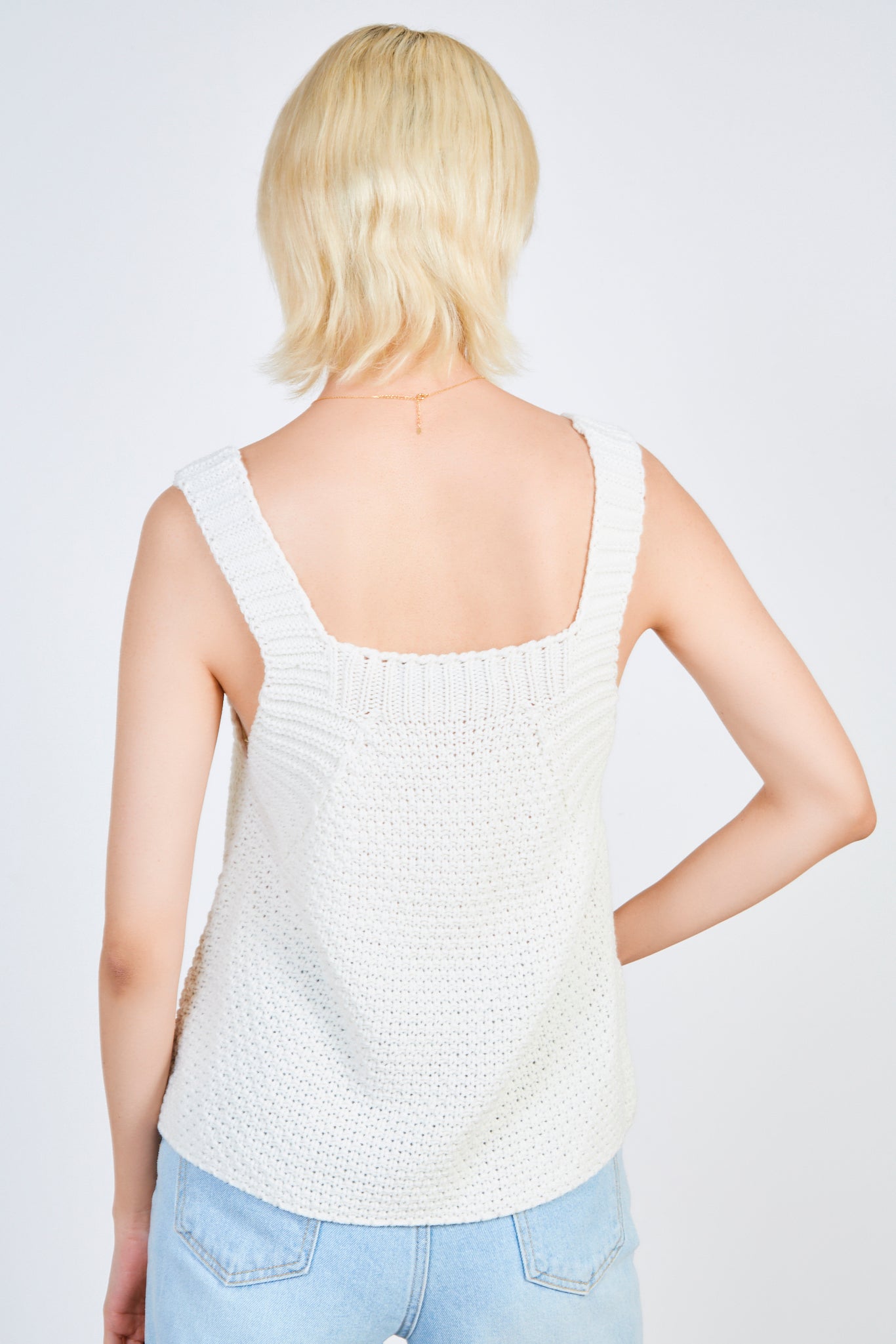 White woven knit thick strap long tank_2