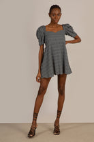Black and white textured off shoulder mini dress_4