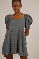 Black and white textured off shoulder mini dress_1