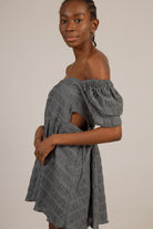 Black and white textured off shoulder mini dress_2