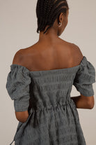 Black and white textured off shoulder mini dress_8