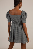 Black and white textured off shoulder mini dress_3