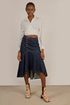 Dark blue large ruffle hi-low hem denim skirt - 807_1