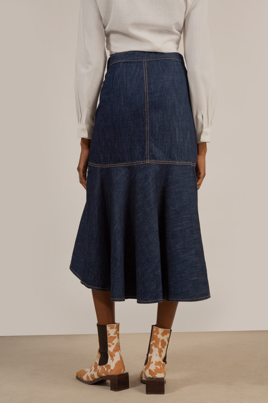 Dark blue large ruffle hi-low hem denim skirt - 807_5