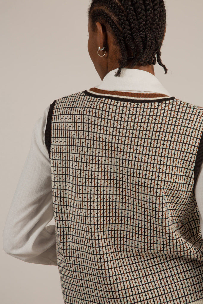 Brown and ivory graphic V neck sweater vest_4