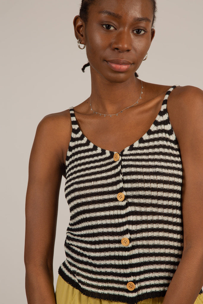 Black and white striped button up knit tank_4