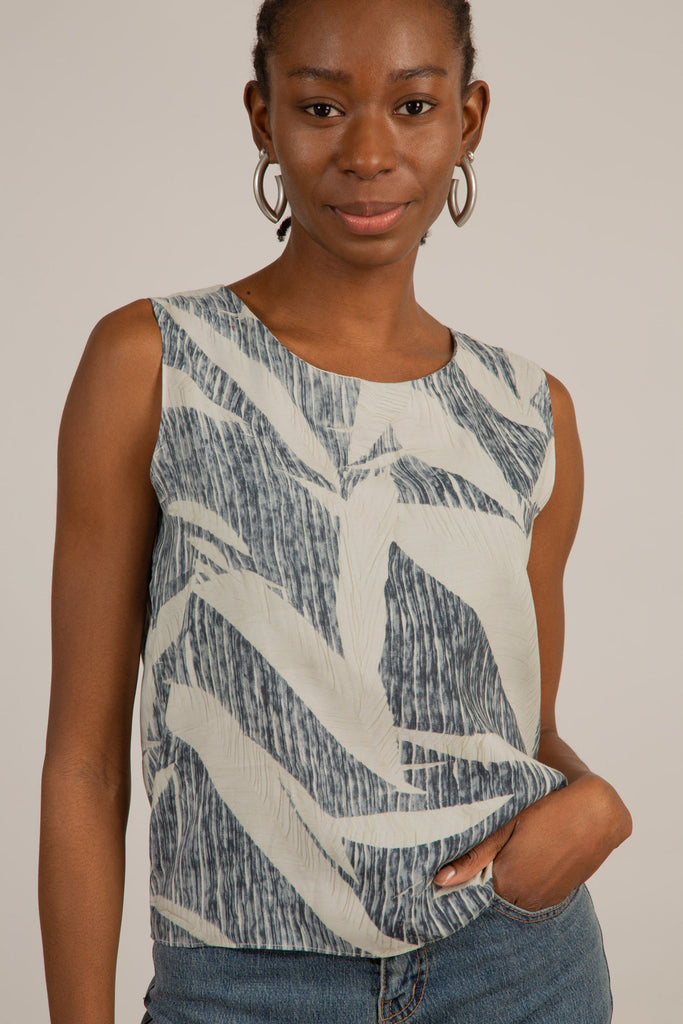 Ivory and black leaves print sleeveless top_1