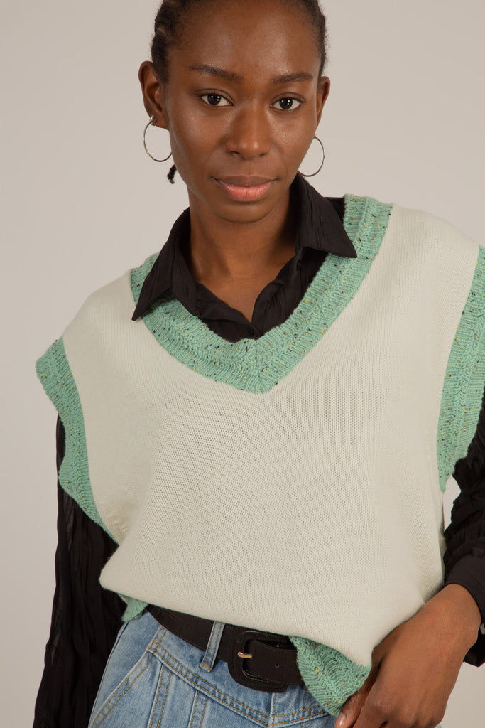 White and mint flecked contrast trim sweater vest_1
