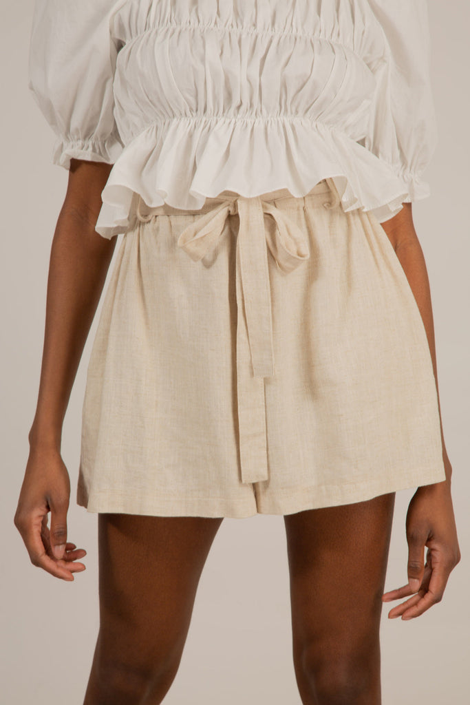 Oatmeal ruched waist belted linen shorts_3