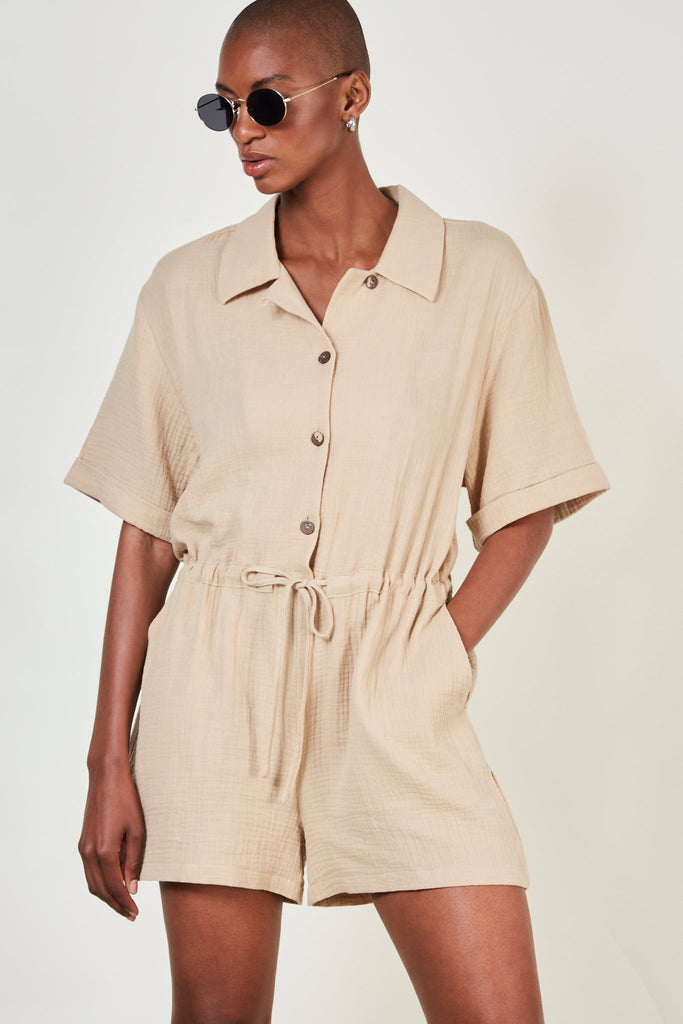 Beige relaxed collar drawstring romper_1