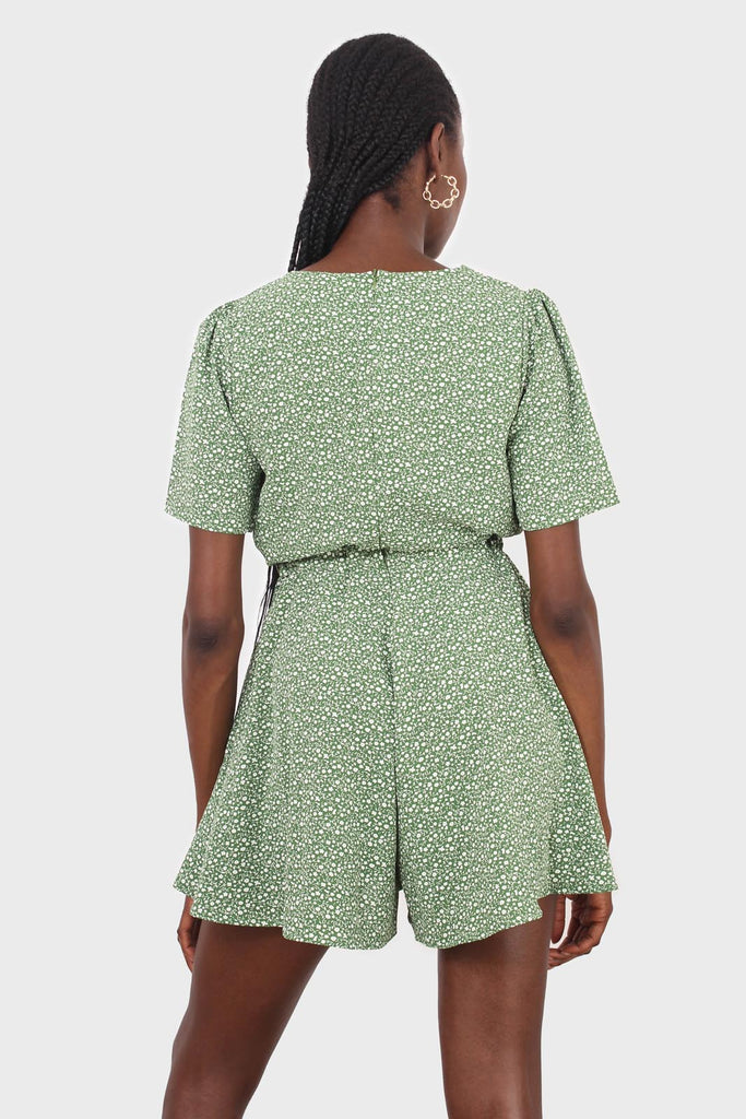 Green and white floral print tie waist romper_5