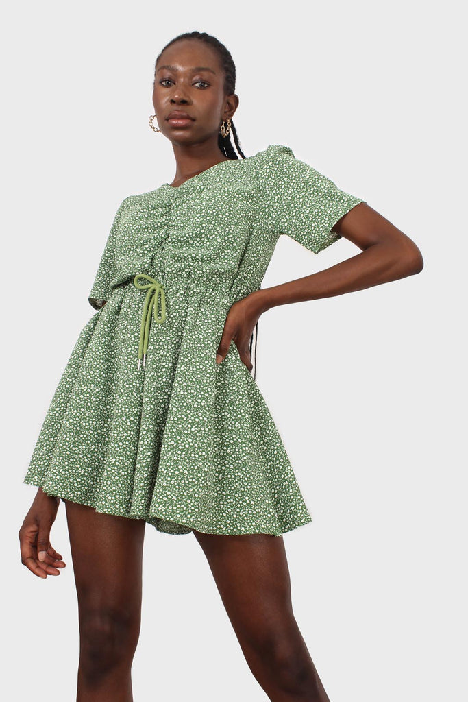 Green and white floral print tie waist romper_6