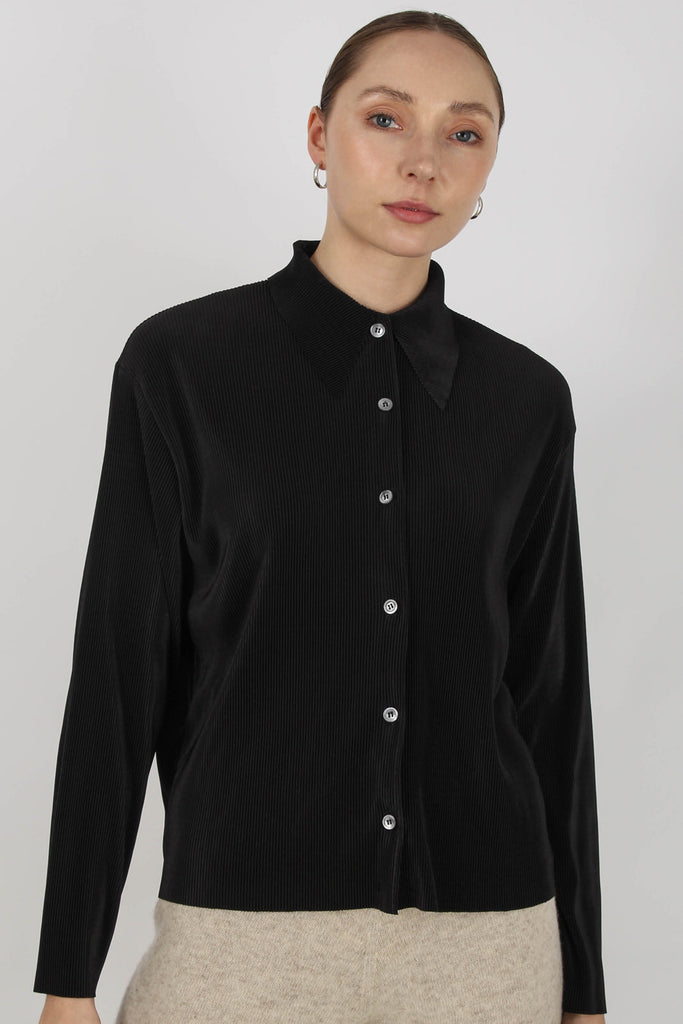 Black micro pleated long sleeved shirt_1