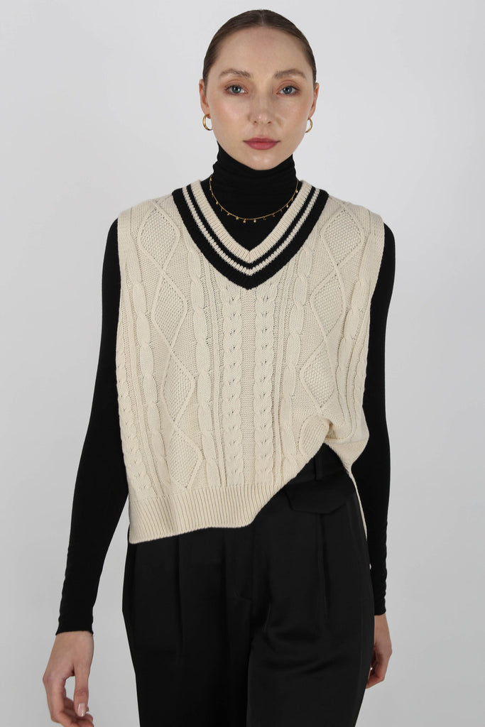 Ivory and black varsity trim sweater vest_7