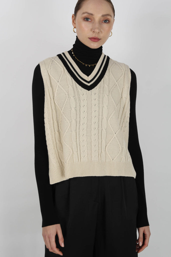 Ivory and black varsity trim sweater vest_1