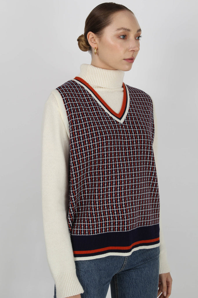 Navy and orange graphic V neck sweater vest_4
