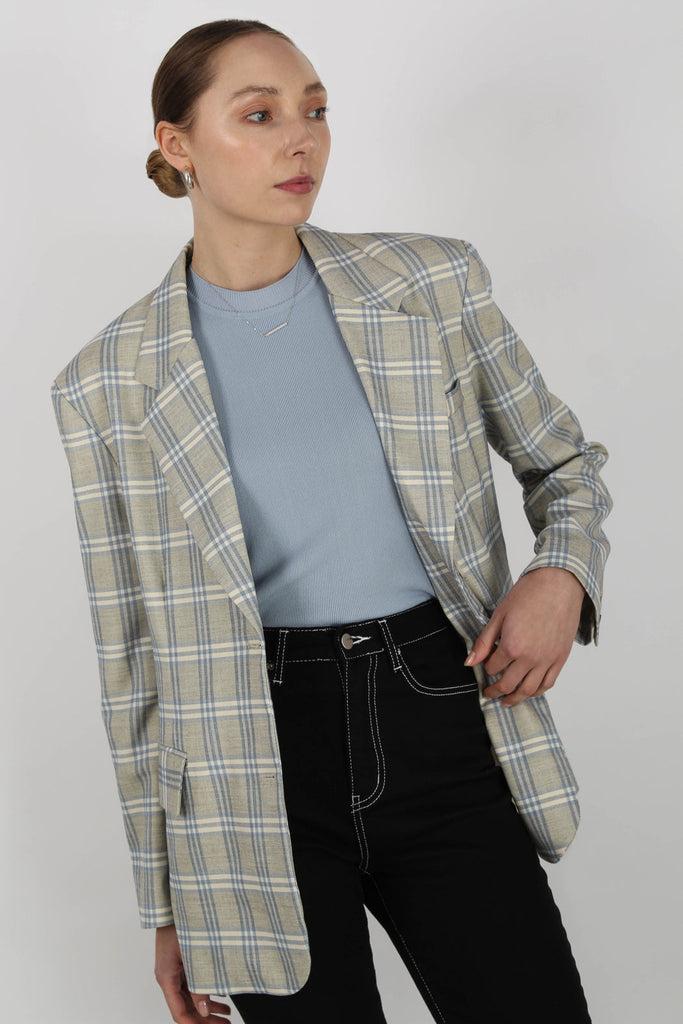 Beige and blue single breasted checked blazer_1