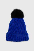 Cobalt blue ribbed black feather pom pom hat_1