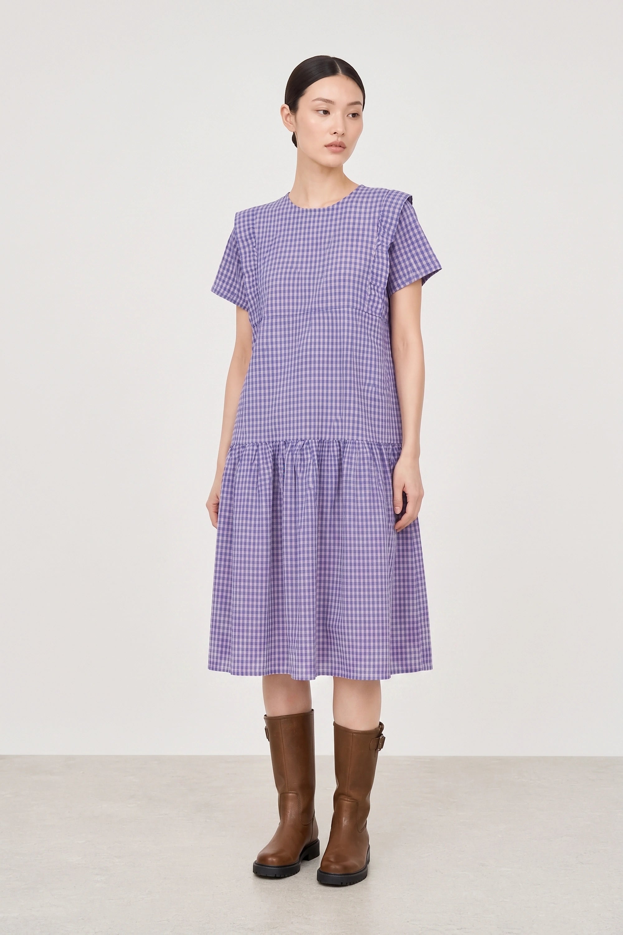 Cobalt blue and pink gingham ruffle trim dress_1