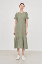 Green and pink gingham ruffle trim dress_1