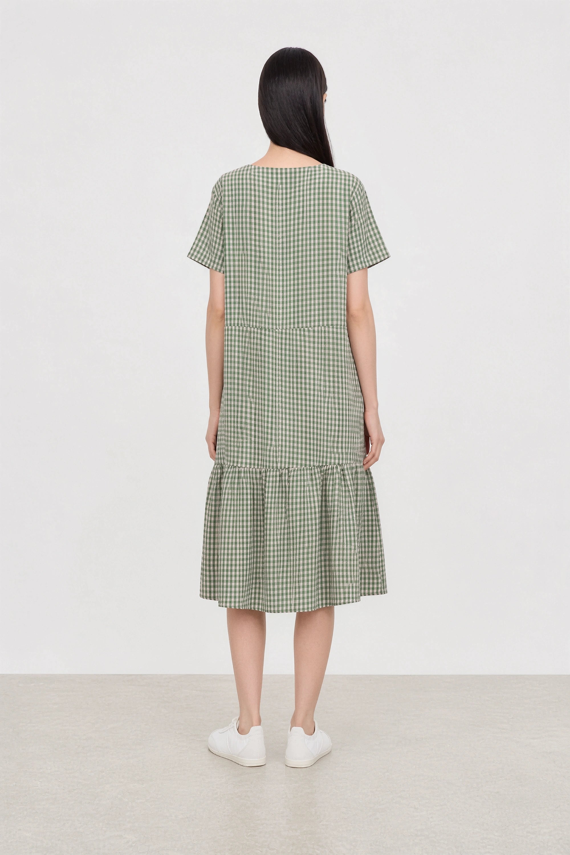 Green and pink gingham ruffle trim dress_2