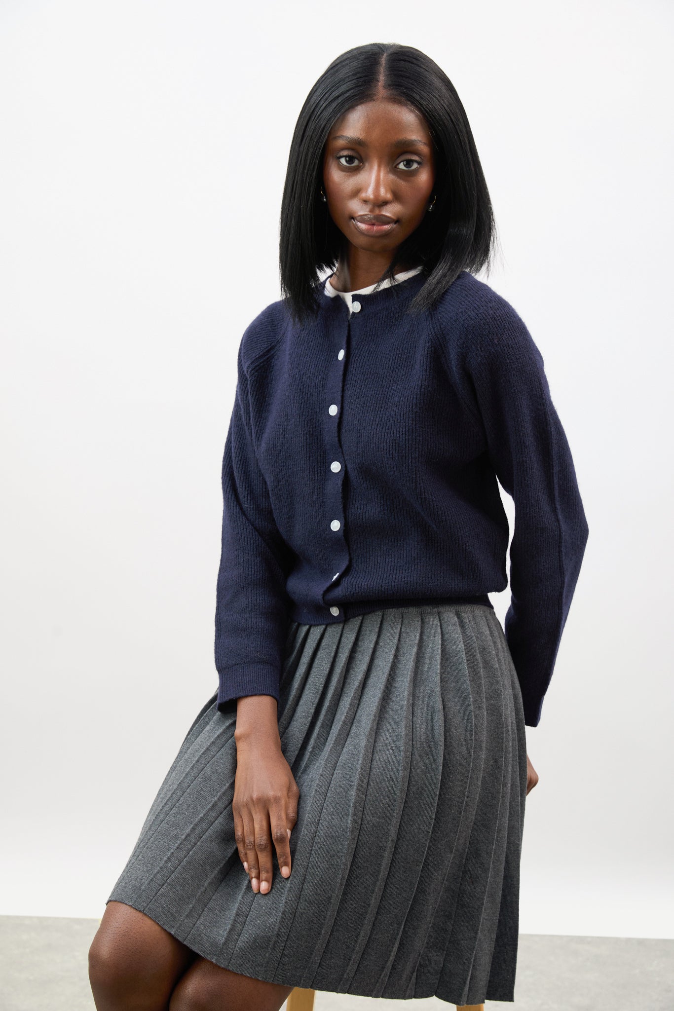 Navy wool blend round neck button up cardigan_5