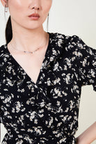 Black floral print short sleeved ruffle dress_5