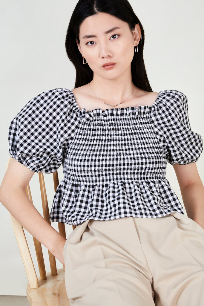 Black gingham ruched top_1