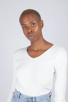 Ivory ribbed double V fitted knit top_1