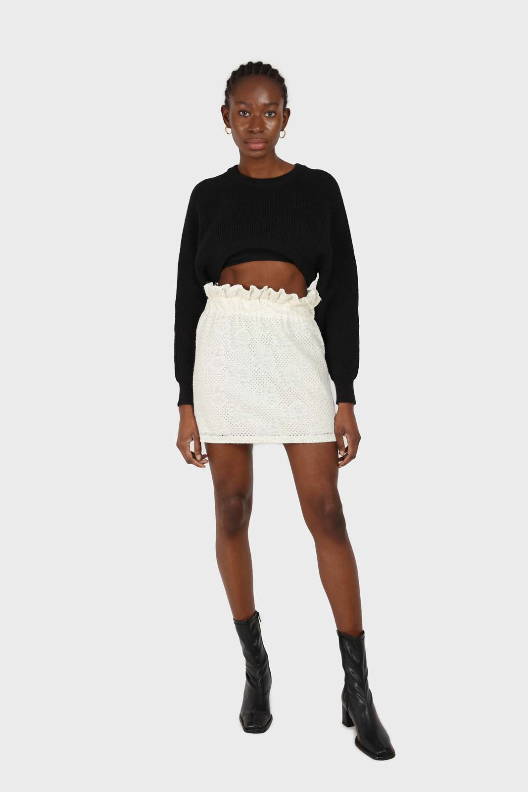 Ivory ruched waist eyelet mini skirt_1