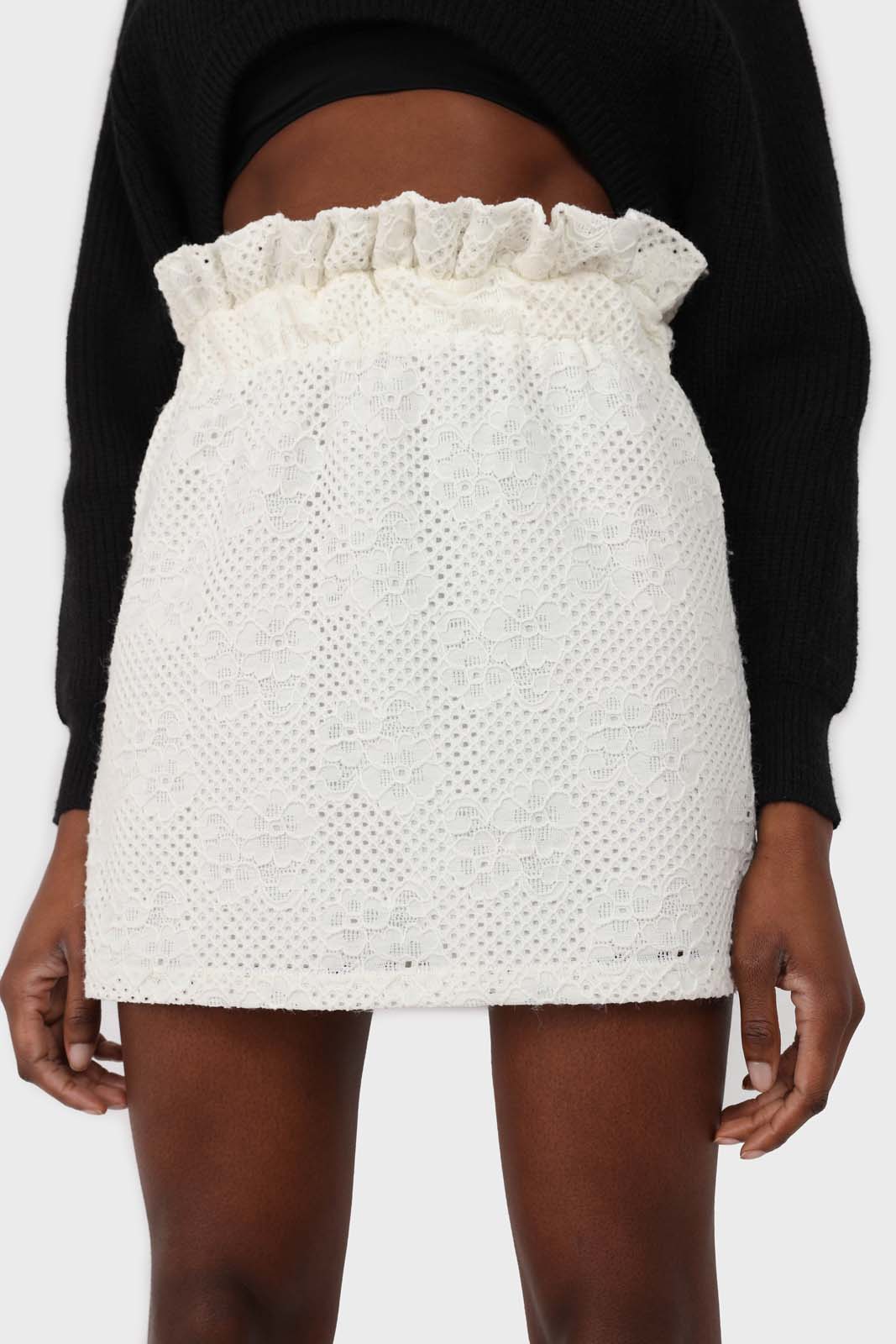 Ivory ruched waist eyelet mini skirt_2