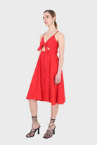 Bright red peek tie front linen dress_3
