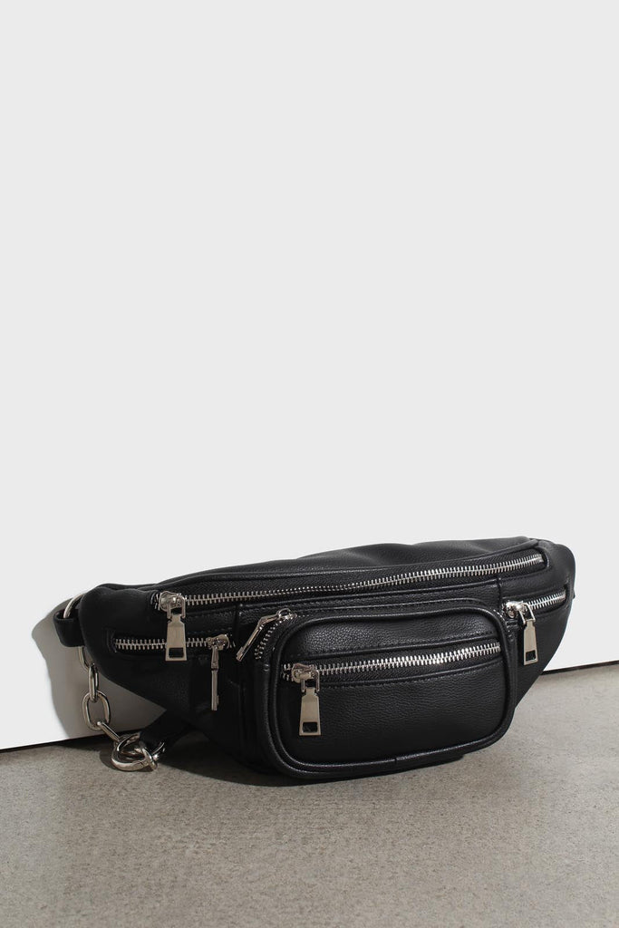 Black vegan leather silver zip bum bag_5