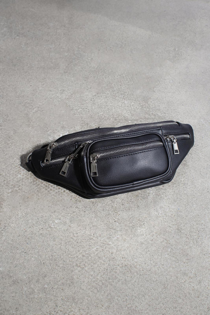 Black vegan leather silver zip bum bag_7