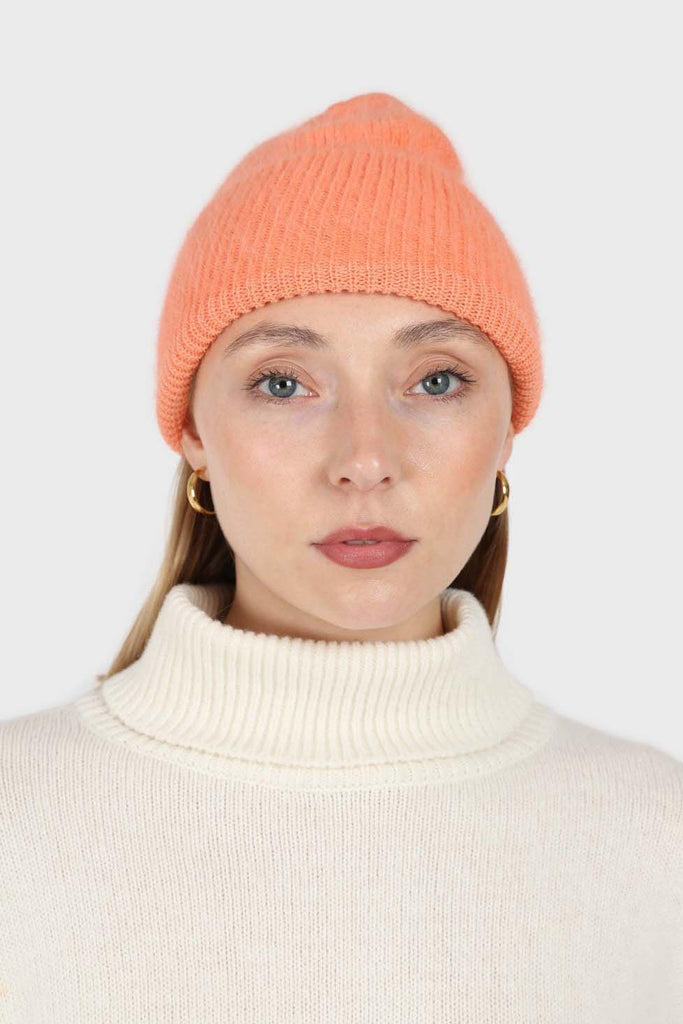 Pale orange mohair beanie hat_1