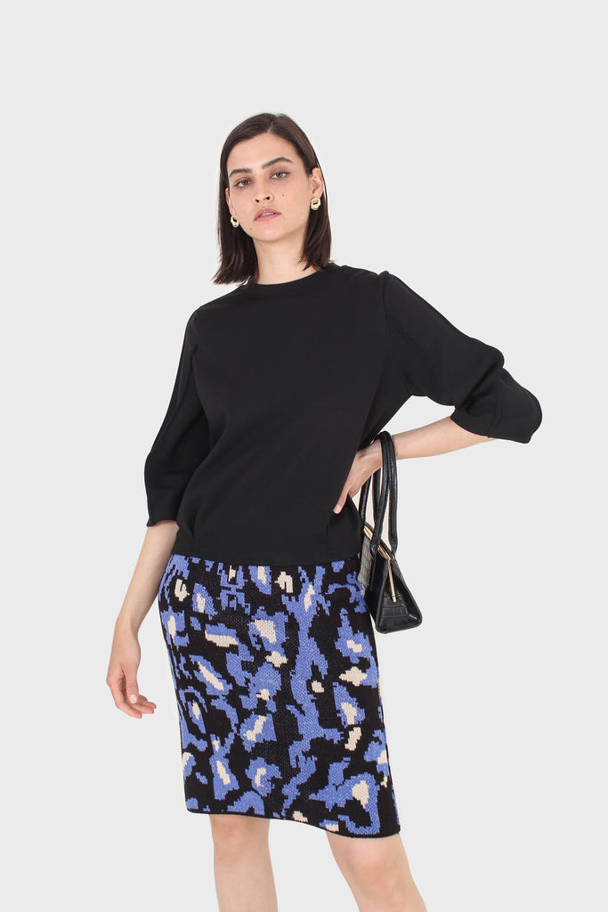 Blue and ivory leopard jacquard knit skirt_2