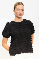 Black textured puff short sleeved top_1