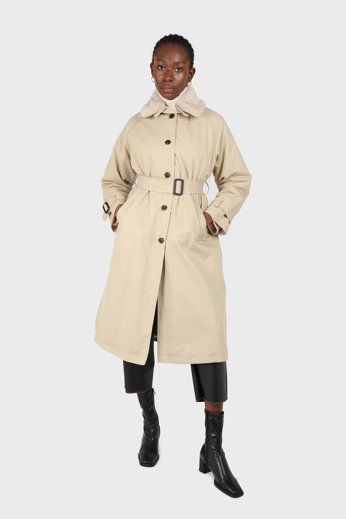 Light beige faux fur collar lined trench coat_3