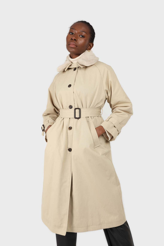 Light beige faux fur collar lined trench coat_1